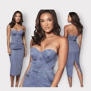 JLUXLABEL Washed Denim Blue Sleeveless MIDI Jean Dress with Backslit